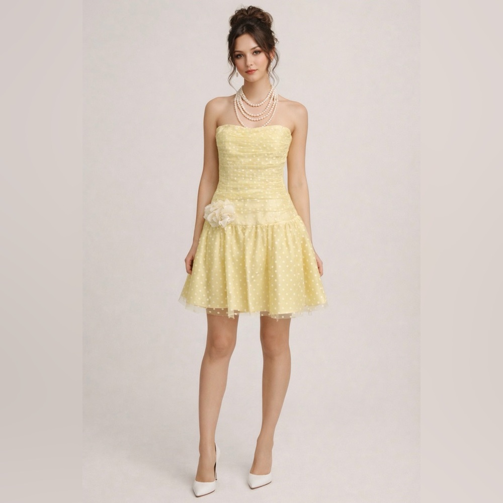 Jessica McClintock Gunne Sax 90’s Yellow Ruched Polka Dot Tulle Mini Dress 9